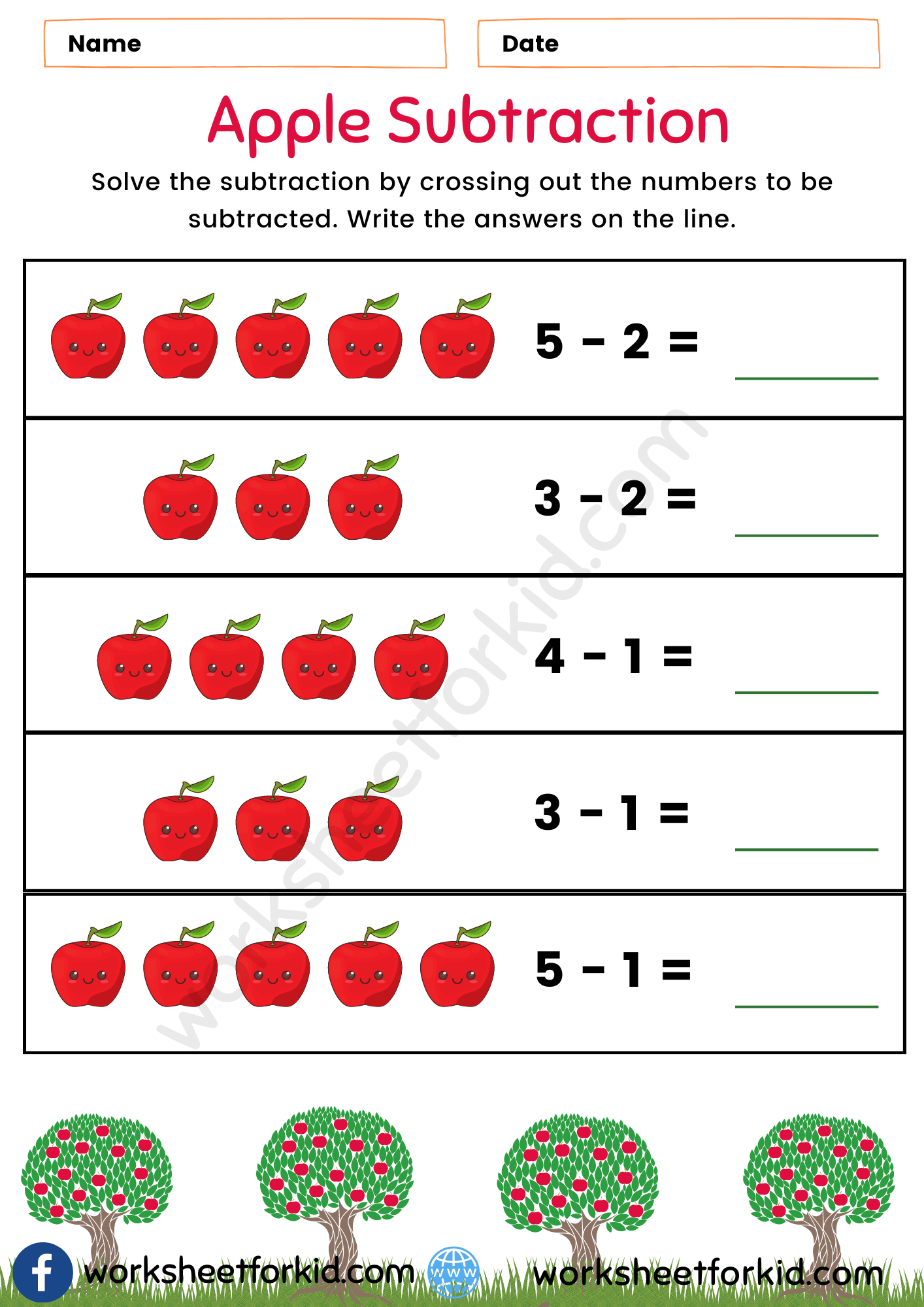 Free Kindergarten and Grade 1 Subtraction Worksheet