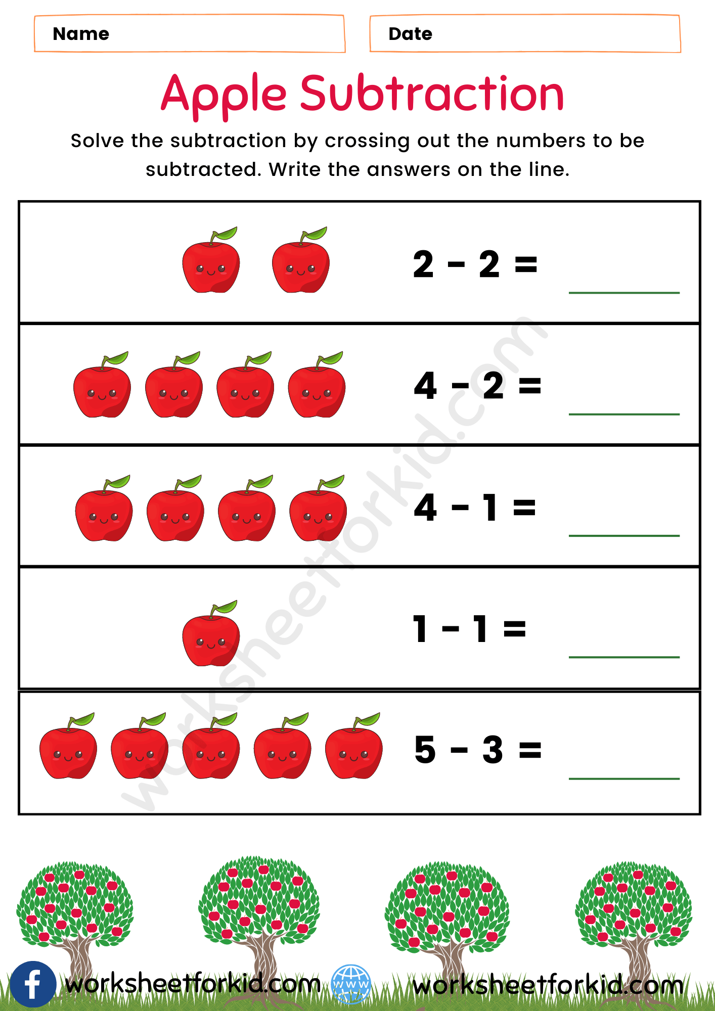 Free Kindergarten and Grade 1 Subtraction Worksheet