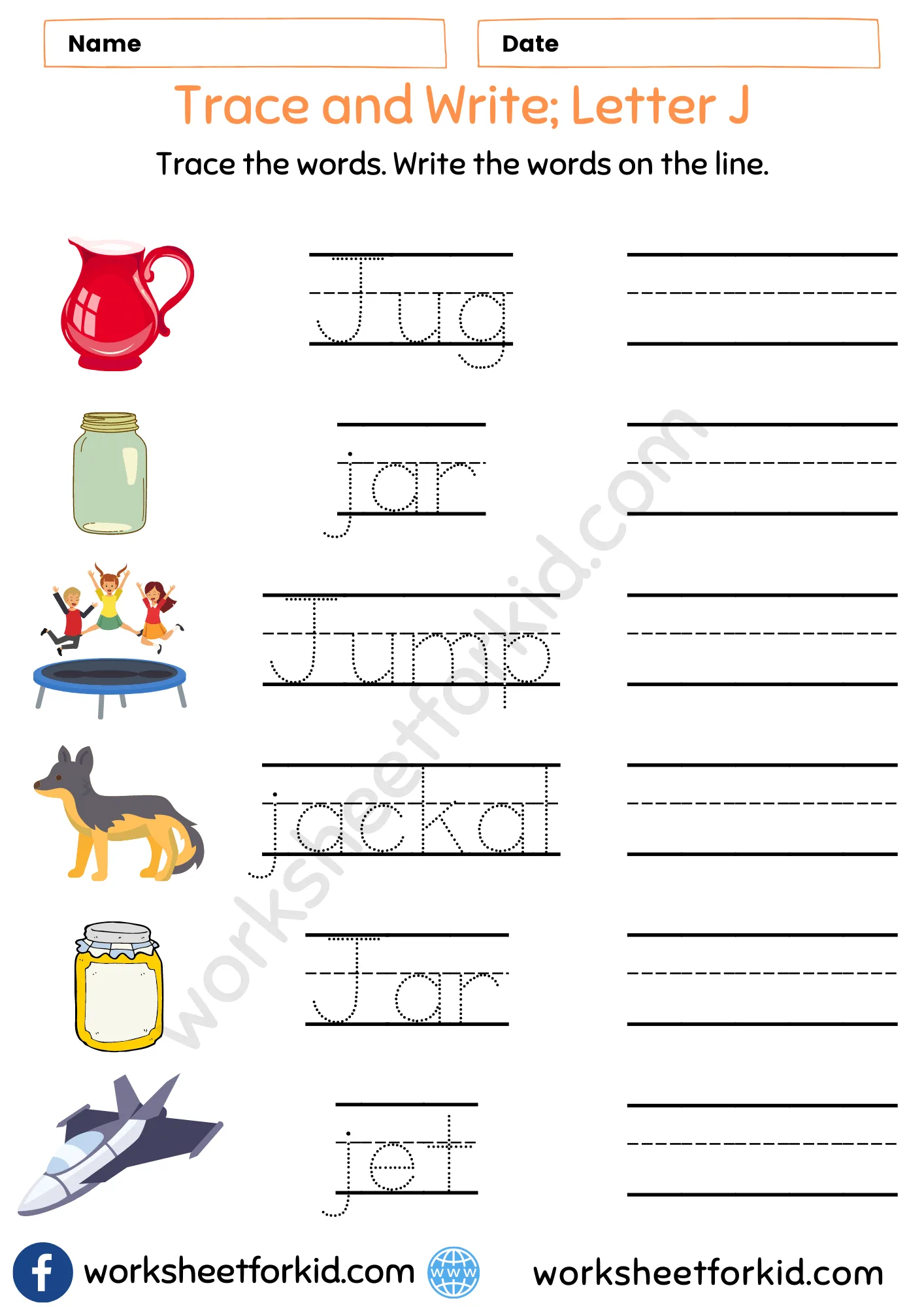 Trace and Write Words Worksheet-Letter J