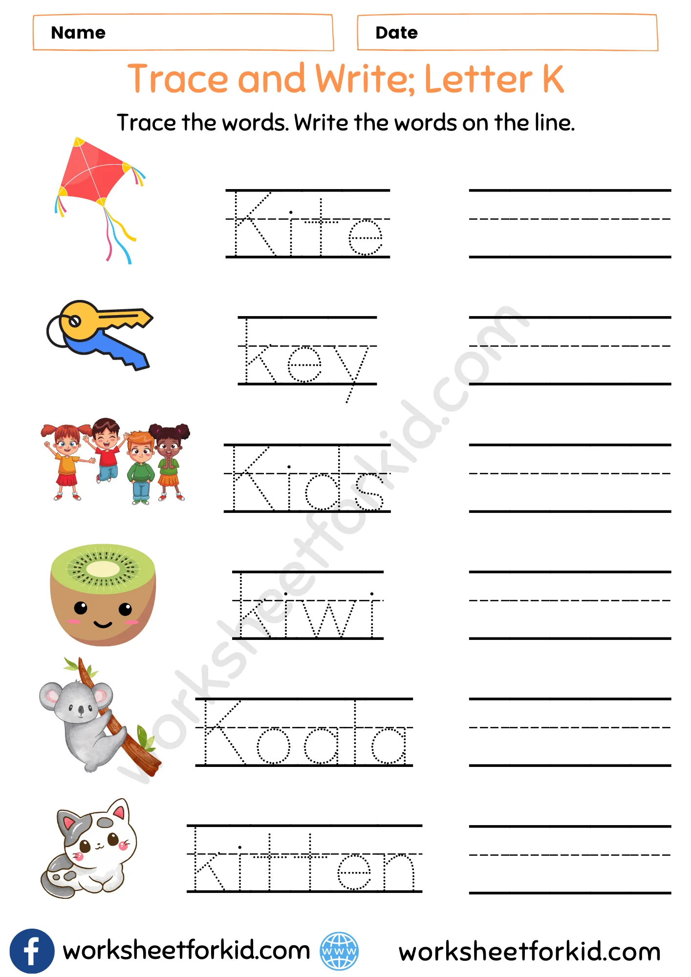 Trace and Write Words Worksheet-Letter K