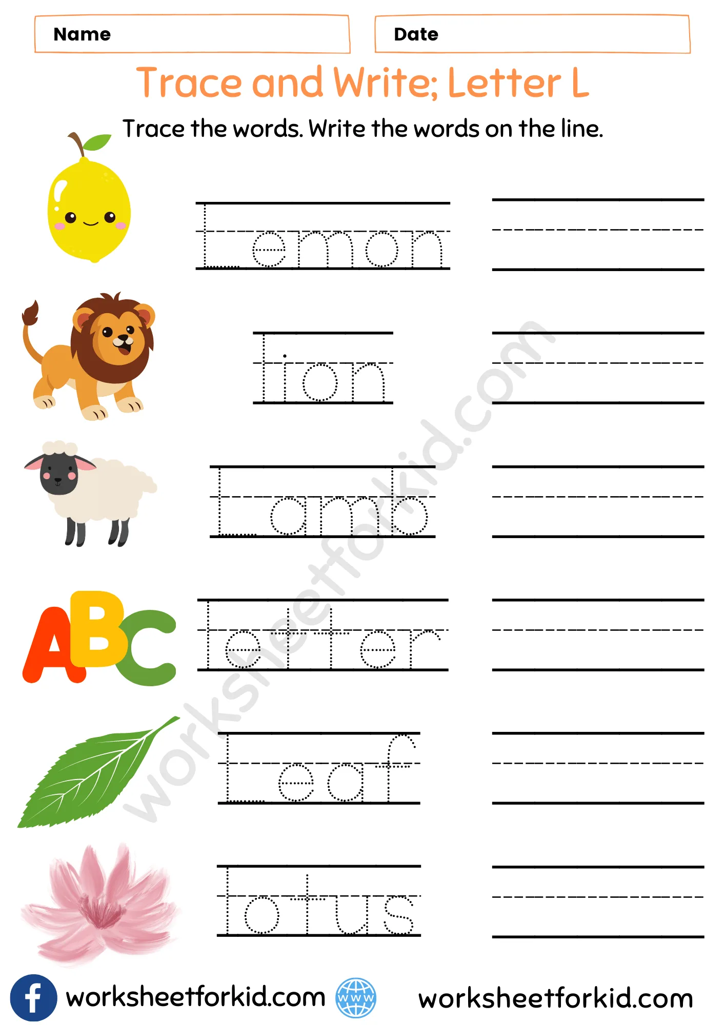 Trace and Write Words Worksheet-Letter L