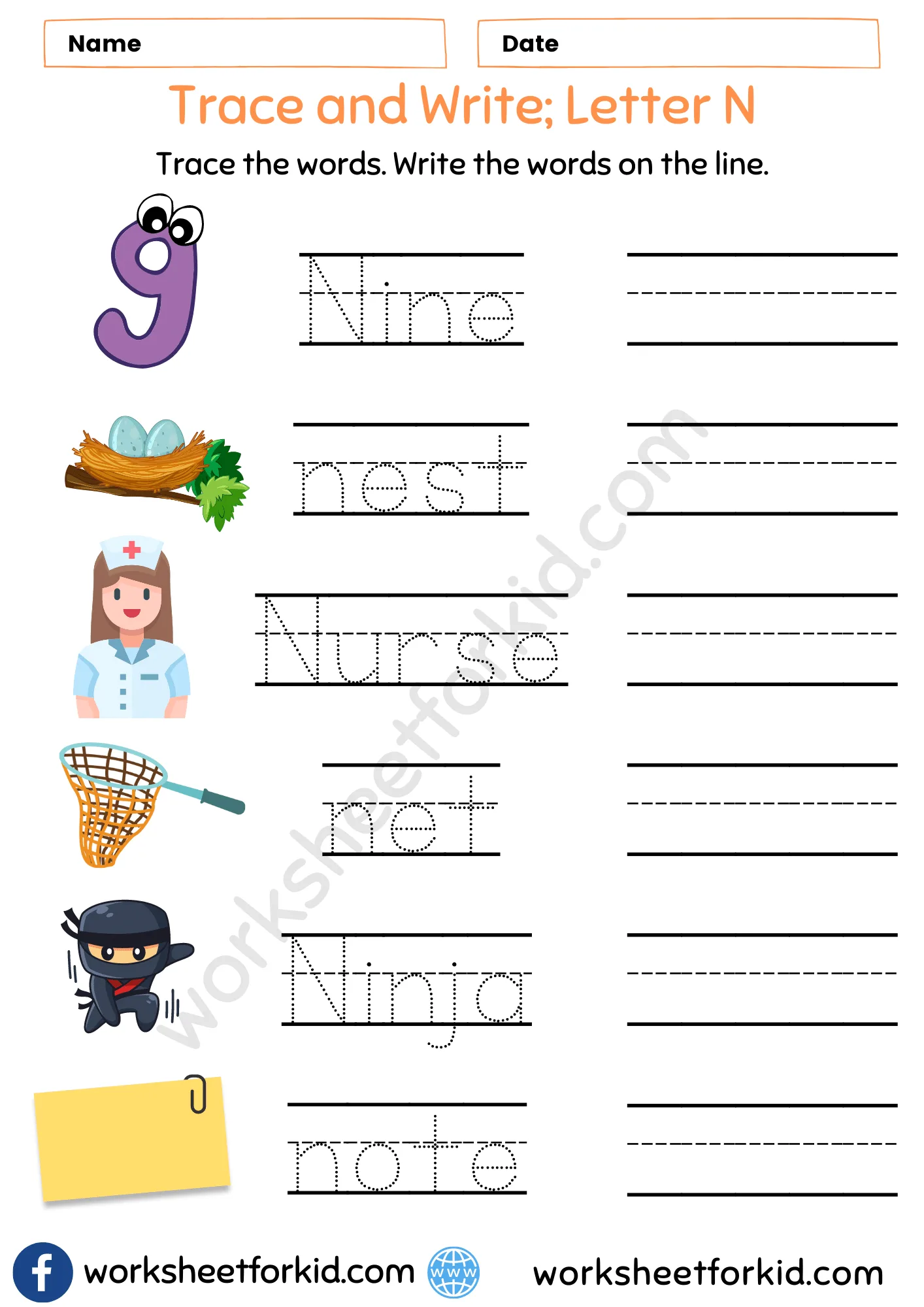 Trace and Write Words Worksheet-Letter N