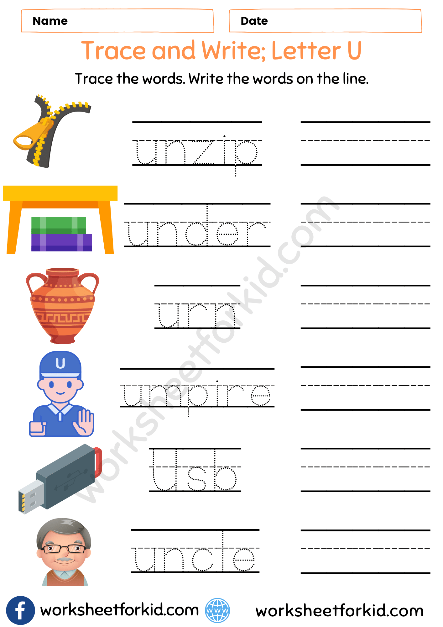 Trace and Write Words Worksheet-Letter U